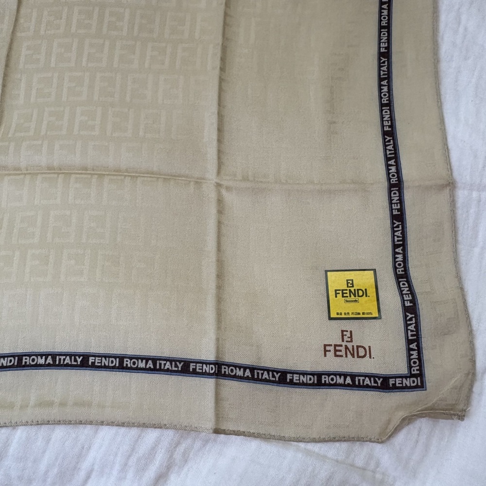 Fendi Scarf Handkerchief Zucca Monogram Cotton Beige Logo Border Jacquard 19.5"